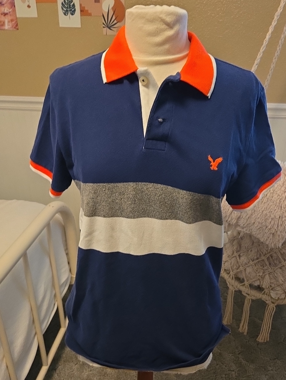 American Eagle Outfitters Navy Polo with Orange Collar and Gray-White Stripes